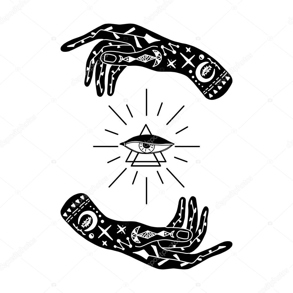 Vector illustration of hands with tattoos, an alchemy symbol with a triangle and an eye with rays. abstract graphics with occult and mystical signs. Hand-drawn style. a spiritual intention. The concept of magic.