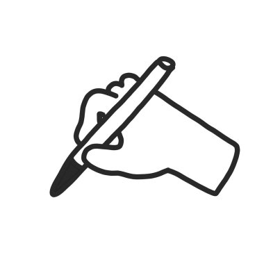 El çizgisi düz bir şekilde beyaz bir arkaplanda izole edilmiş. Elinde bir kalemle. Belgeler ve çalışmalar üzerinde imza sembolü. Web sitesi ve uygulama tasarımı için. el çizimi.