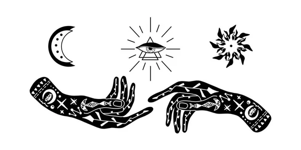 Vektorová Ilustrace Ruky Tetováním Symbol Alchymie Trojúhelníkem Oko Paprsky Abstraktní — Stockový vektor