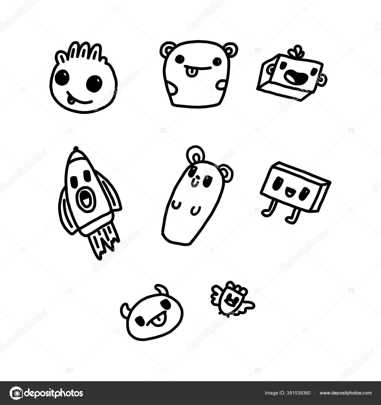 Funny characters and doodles collection. Vector illustration. for the  design of t-shirts, children s clothing, fabrics, games, applications, the  idea of a soft toy, the design of dishes and mugs Stock Vector