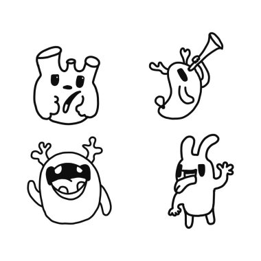 Komik karakterler ve karalama koleksiyonu. Vektör çizimi. Tişört tasarımı, çocuk kıyafetleri, kumaşlar, oyunlar, uygulamalar, yumuşak oyuncak fikri, tabak ve kupa tasarımı