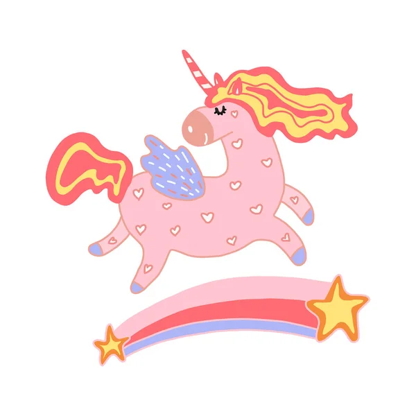 Cute unicorn with a rainbow. Flat design of a children s character in the cartoon style. For children s items, postcards, t-shirt design, toys. Isolated on a white background. Vector illustration — Stock Vector
