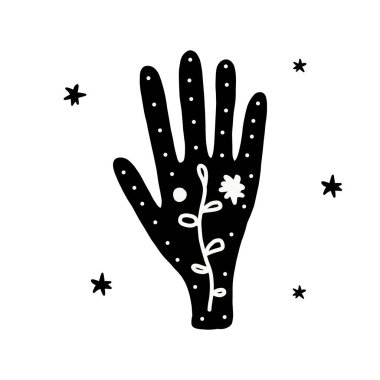 Dövmeli bir elin vektör çizimi, gözü ve ayı olan bir simya sembolü. Doğaüstü ve mistik işaretli soyut grafikler. Elle çizilmiş stil. ruhani tasarım Sihir kavramı.