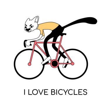 Spor bisikletli komik kedi. Düz bir şekilde beyaz bir arkaplanda izole edilmiş vektör çizimi. Bir logo için, bisiklet ya da triatlon takım karakteri imajı. Tişört tasarımı, web sitesi ya da uygulamasındaki afişler