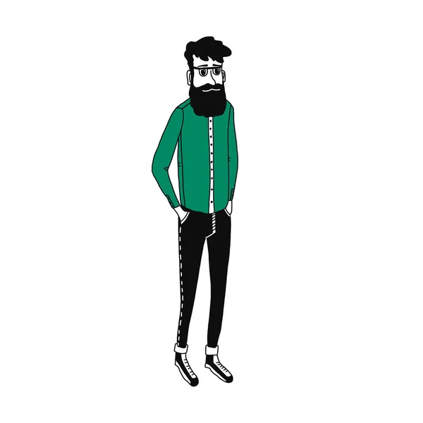 Coole Vektor-Hipster-Figur mit Bart in Jeans und Hemd. Ein selbstbewusster erwachsener Mann mit Brille. Charakter eines Stadtbewohners. Vektor-Illustration in flachem Stil isoliert auf weißem Hintergrund. — Stockvektor