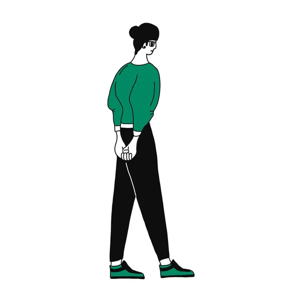 Hay una chica en un suéter verde y pantalones negros caminando. Ilustración vectorial de estilo plano aislado sobre fondo blanco . — Archivo Imágenes Vectoriales