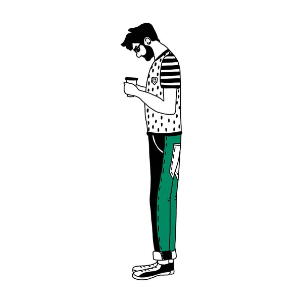 Hipster junger Mann in Jeans und Turnschuhen. eine Figur mit einer Tasse Kaffee isoliert auf einem weißen Hintergrund Vektor Illustration. EPS 10 — Stockvektor