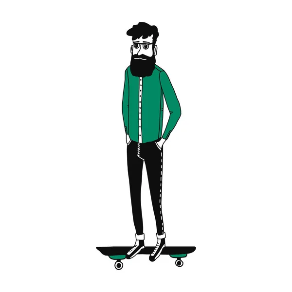 Cool hipster character with a beard on a skateboard. an adult man in glasses, jeans and sneakers rides a skateboard. Character of a city dweller. Vector illustration isolated on a white background — Stock Vector
