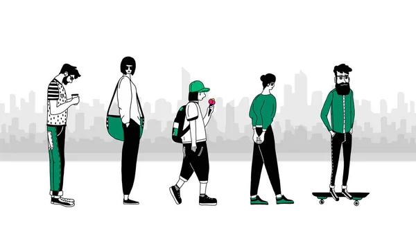 Un gruppo di persone in città.Persone sullo sfondo di un panorama di edifici città.Concetto di urbanizzazione.Illustrazione vettoriale in uno stile minimalista piatto. Per i social network, modello per il sito. — Vettoriale Stock