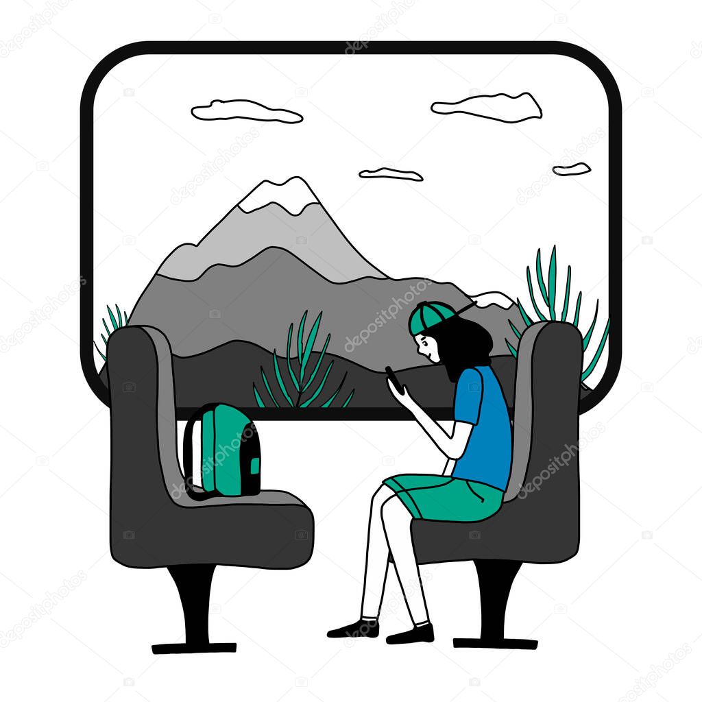 A girl with a smartphone is sitting in a train compartment at the window. Train ride past the mountains. Subway car. A young woman is traveling. Vector illustration in flat style on white background.