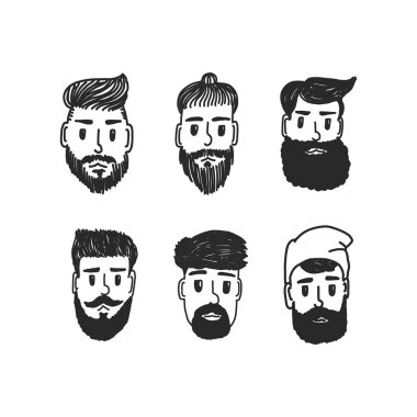 Moda silueti hipster tarzı set, vektör çizimi. Farklı sakallı adamların yüzleri..