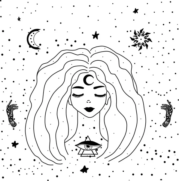 Dibujo místico ocultismo una hermosa chica con estrellas en el pelo. Retrato femenino o diosa de la noche. Fantasía, espiritualidad, ocultismo, tatuaje y moda. Ilustraciones vectoriales aisladas. Alquimia — Vector de stock