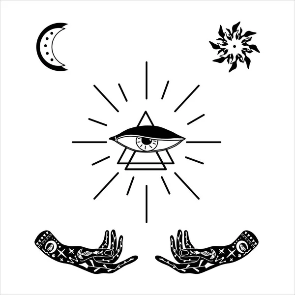 Vector illustratie van de hand met tatoeages, alchemie symbool met een driehoek en een oog met stralen. abstracte graphics met occulte en mystieke tekens. Handgetekende stijl. spirituele intentie. concept van magie Stockillustratie