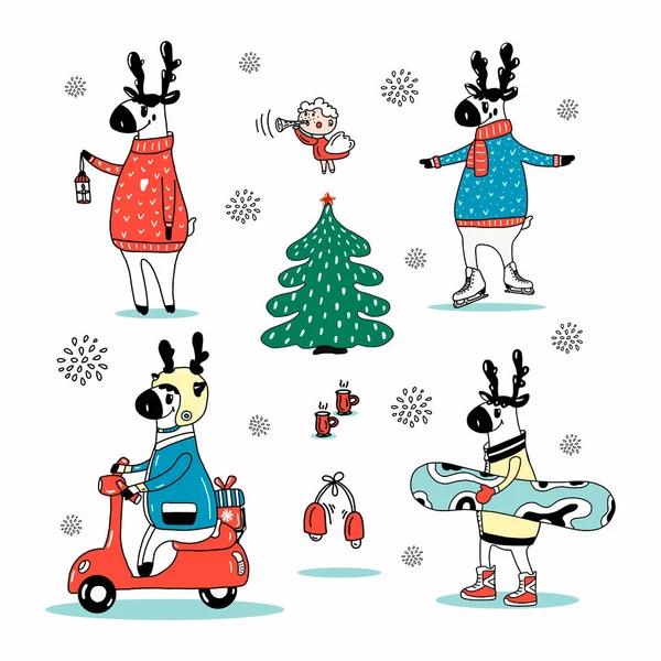 Noel karakteri seti: scooter 'da geyik, kırmızı kazak, snowboard, patenler, Noel ağacı ve melek. Noel çanları ve içki bardakları. Tasarım için karikatür Noel elementleri.