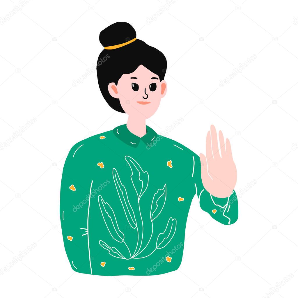 the young girl held out her hand, indicating the area of her personal border.the concept of social distance, personal space.vector illustration in flat style.for socialmedia banners, web design, app.