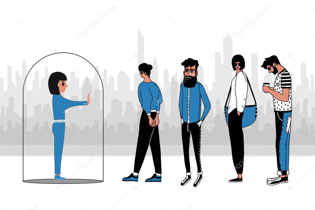 A young woman stands inside a transparent glass bubble and a crowd of people. The concept of isolation from society, social isolation, asociality of the individual.Flat cartoon vector illustration