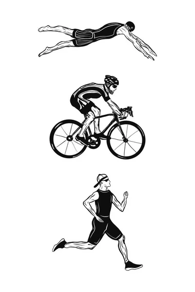 Logo plano negro triatlón. Figuras vectoriales triatletas sobre un fondo blanco. Natación, ciclismo y símbolo de carrera. — Vector de stock