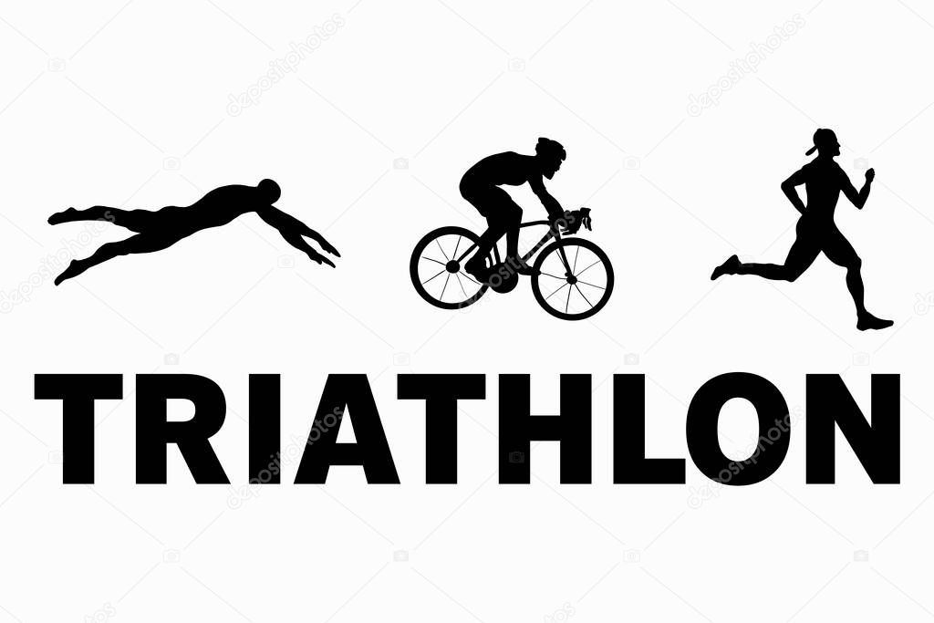 Black flat logo triathlon. Vector figures triathletes on a white background. Swimming, cycling and running symbol