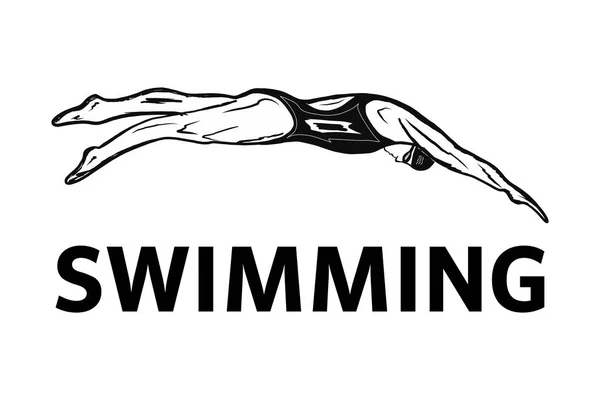 Design des Logos des Schwimmvereins. Entwurf des Schwimmerabzeichens. Vektorgrafik in minimalistischem Stil mit der Aufschrift Schwimmen. Geeignet für Banner und Poster von Sportveranstaltungen. — Stockvektor