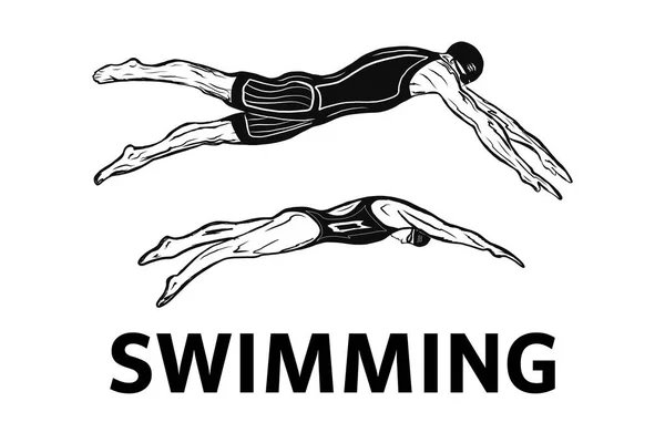 Yüzme Kulübü logosunun tasarımı. Yüzücü rozetinin tasarımı. Yüzme yazısıyla minimalist bir şekilde vektör çizimi. Spor müsabakalarının afişleri ve posterleri için uygun. — Stok Vektör
