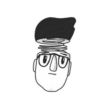 Vektör illüstrasyon Akıl Sağlığı. Düşünce bukleleri olan gözlüklü bir adamın kafası. İnsan duyguları, akıl sağlığı ve psikolojik bakımla ilgili siyah-beyaz tasvirler.