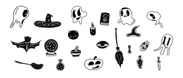 Achtergrond van Halloween set iconen met geesten, een heksenbezem en een hoed. Sjabloon voor verpakking, kaarten, posters, menu. Voorraadillustratie van vectoren. — Stockvector