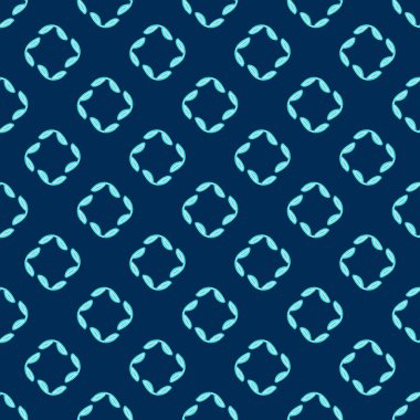 Doodle tarzında basit bir mavi daire ve kare deseni. mavi trend rengi. Koyu mavi arkaplanda vektör çizimi. Kumaş tasarımı, ambalaj kağıdı, tekstil, sofra takımı tasarımı, kupalar için