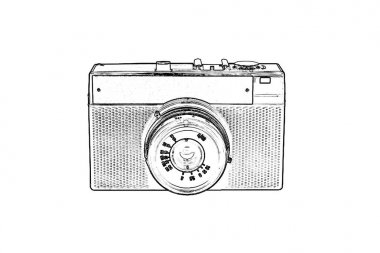 Beyaz arka plandaki retro kameranın siyah anahatları.