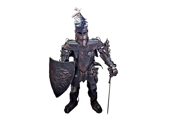 Model Medieval Knight Iron Armor Shield Sword White Background — Stock Photo, Image