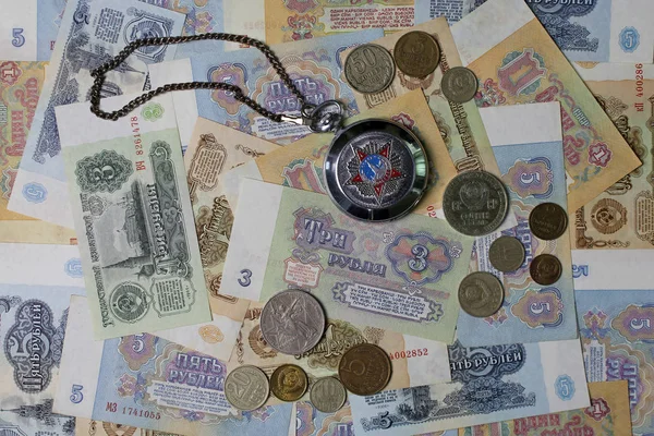 Pocket Watch Background Ussr Money — Stock Photo, Image