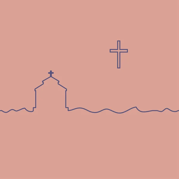Templo protestante y cruz. Dibujo de una línea . — Vector de stock