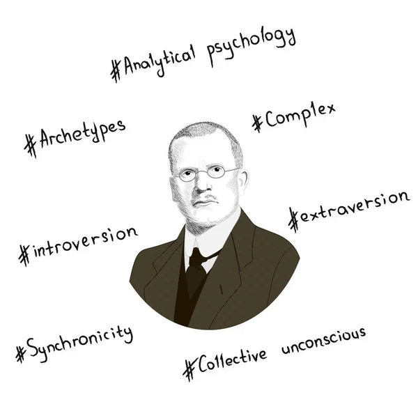 Portrait of Carl Gustav Jung. Key concepts in the form of hashtags. Hand drawn illustration. — ストックベクタ