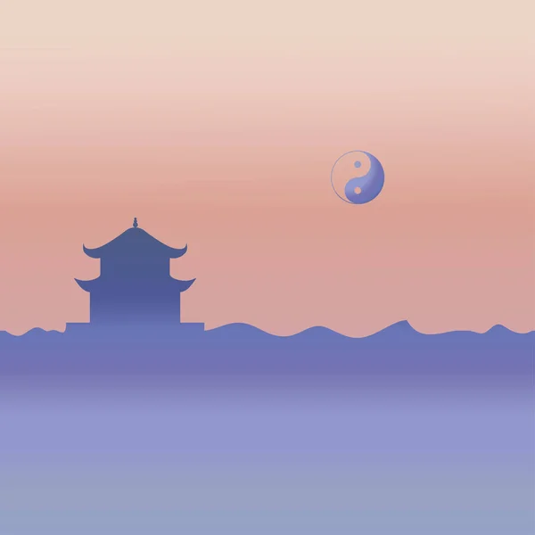 Taoizm tapınağı ve yin yang sembolü. — Stok Vektör