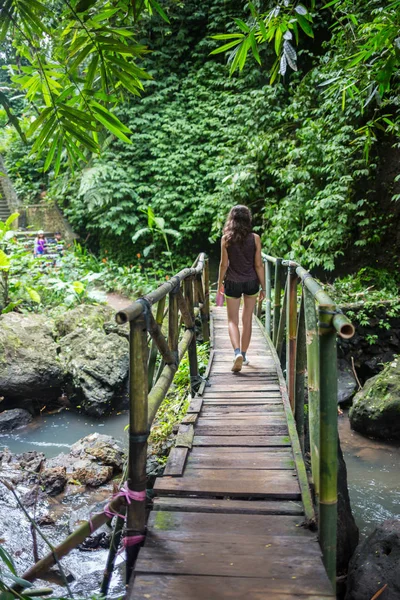 タベウニ島フィジー Wainibau ストリーム、ラヴェーナ沿岸歩く吊橋歩いて若い女性。タベウニ、フィジーの 3 番目に大きい島. — ストック写真