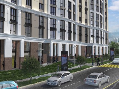 Modern konut kompleksi genç aileler, 3d render, 3d çizim