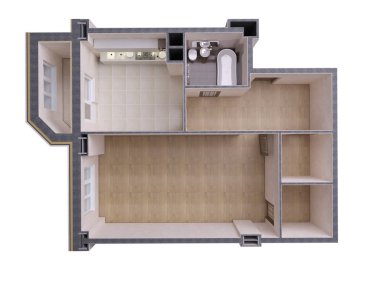 Kat planı üstten görünüm. Beyaz arka plan üzerinde izole daire iç. 3D render