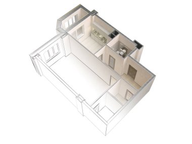 Gerçekçi bir 3d rendering ile zıt bir modern daire taslağını taslak, izole görünümü, top