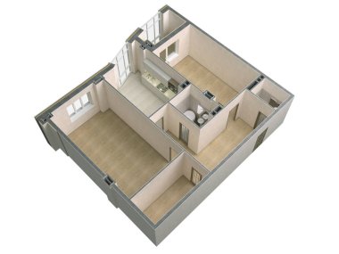 Kat planı üstten görünüm. Beyaz arka plan üzerinde izole daire iç. 3D render