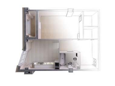 Gerçekçi bir 3d rendering ile zıt bir modern daire taslağını taslak, izole görünümü, top
