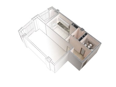 Gerçekçi bir 3d rendering ile zıt bir modern daire taslağını taslak, izole görünümü, top