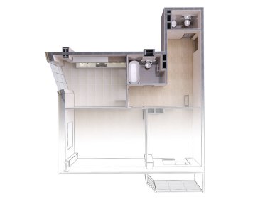 Gerçekçi bir 3d rendering ile zıt bir modern daire taslağını taslak, izole görünümü, top