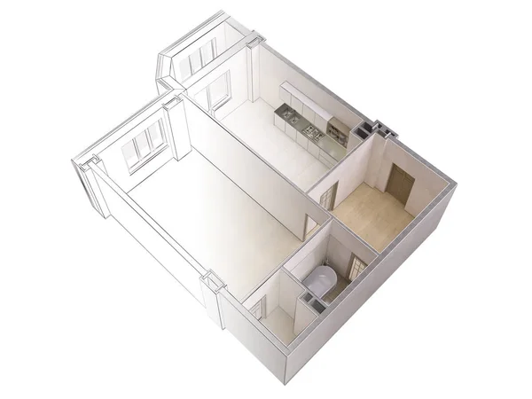 Эскиз современной квартиры контрастирует с реалистичным 3D рендерингом, вид сверху, изолированный — стоковое фото