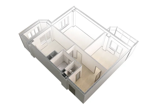 Tervezet vázlatot egy modern apartman elütő színnel a valósághű 3d-leképezést, felülnézet, elszigetelt — Stock Fotó