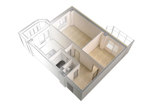 Projekt szkic nowoczesny apartament kontrastujące z realistyczne renderowanie 3d, widok z góry, na białym tle — Zdjęcie stockowe
