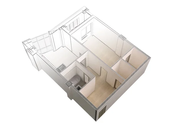 Эскиз современной квартиры контрастирует с реалистичным 3D рендерингом, вид сверху, изолированный — стоковое фото