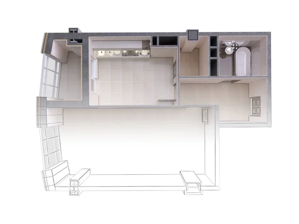 Entwurf einer modernen Wohnung im Kontrast zu einer realistischen 3D-Darstellung, Draufsicht, isoliert — Stockfoto