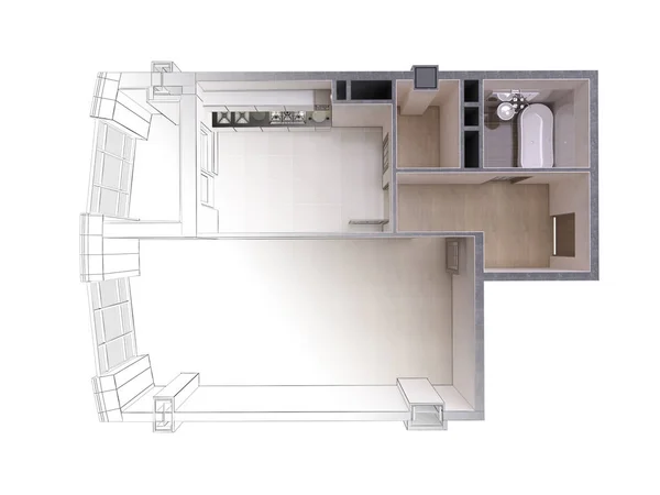 Bosquejo de un apartamento moderno que contrasta con una representación 3D realista, vista superior, aislado —  Fotos de Stock