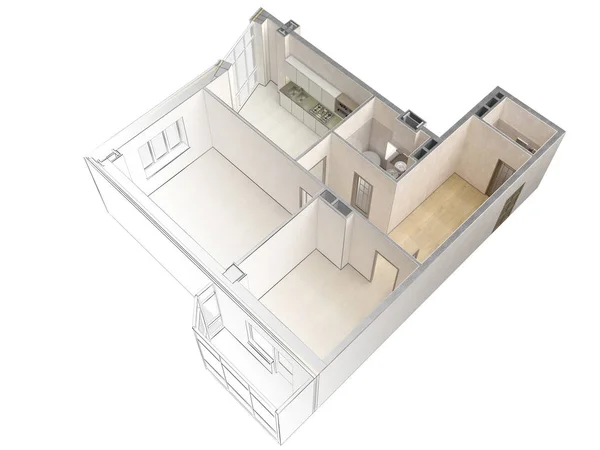 Bosquejo de un apartamento moderno que contrasta con una representación 3D realista, vista superior, aislado — Foto de Stock