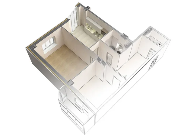Entwurf einer modernen Wohnung im Kontrast zu einer realistischen 3D-Darstellung, Draufsicht, isoliert — Stockfoto