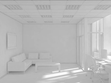 Beyaz oda ofis masası ve dizüstü bilgisayar ile olarak 3d render